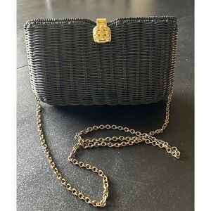 CC Courtenay Vintage Women's Woven Small Black Bag W/Gold Chain Clasp Vacation